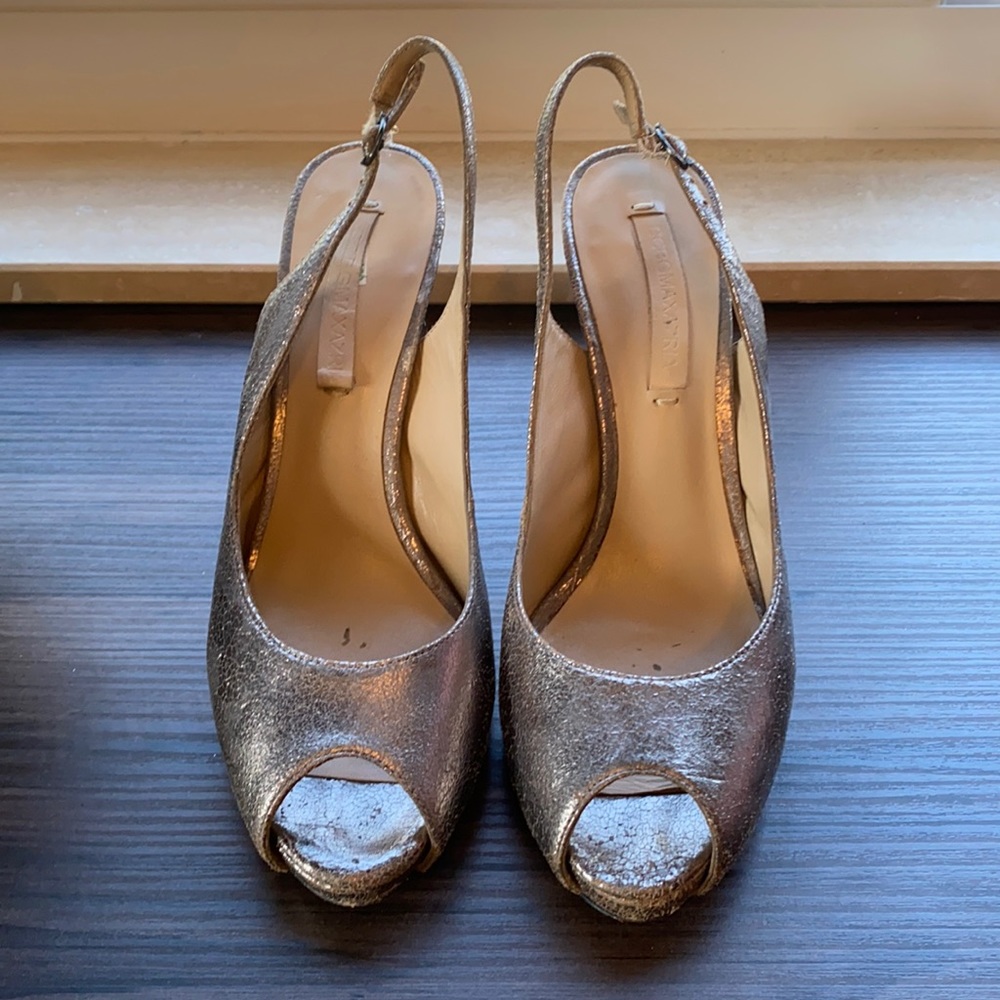 BCBG platinum open toe sling backs size 8